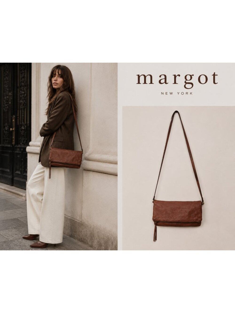 Margot New York Brown Leather Foldover Crossbody Shoulder Bag